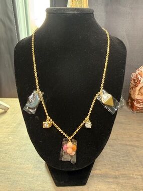 COACH Gold-tone Charm Necklace with Multicolor Bead Cluster and Enamel Hearts
